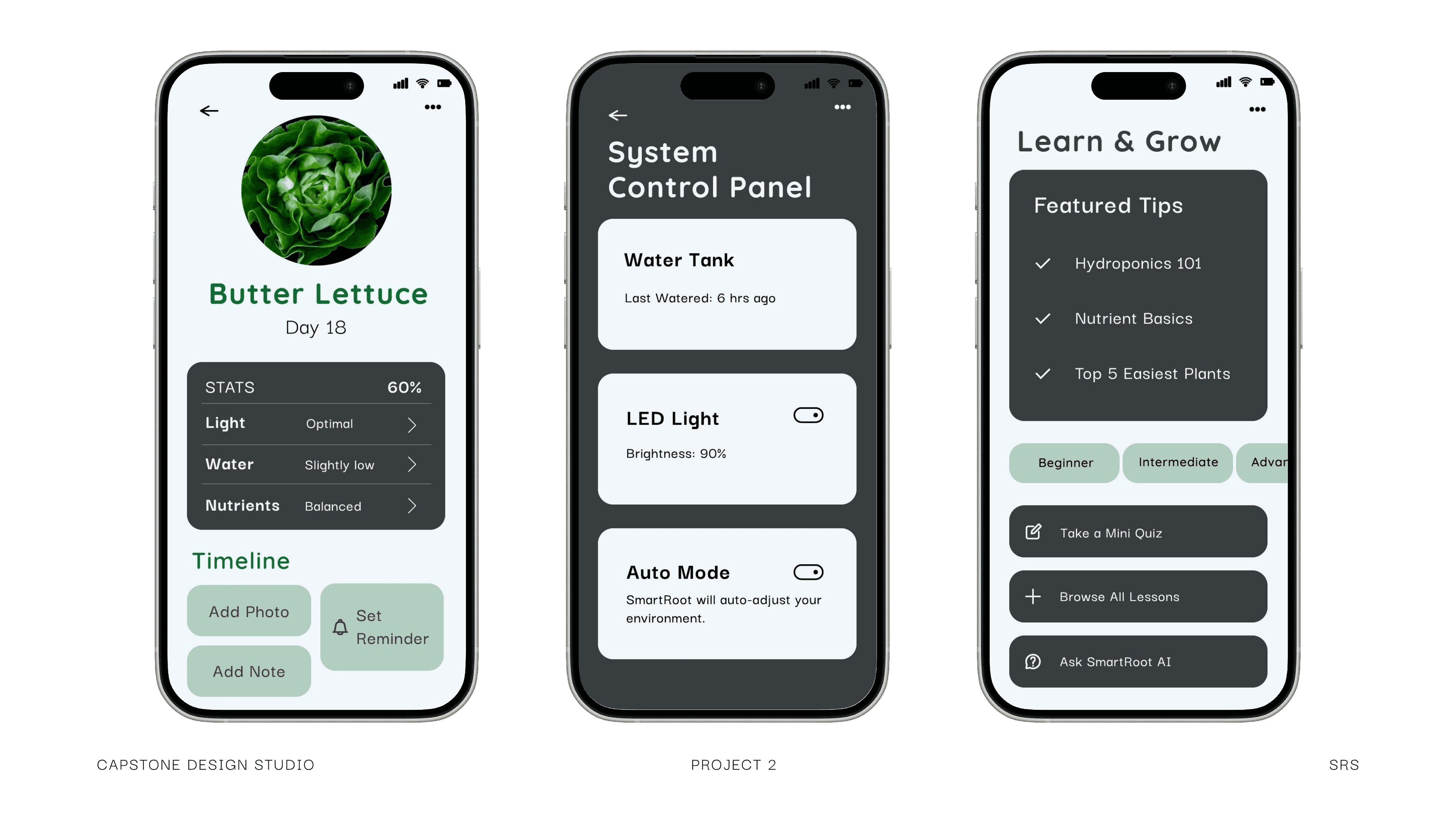 SmartRoot app: plant detail, control panel, and learn screens