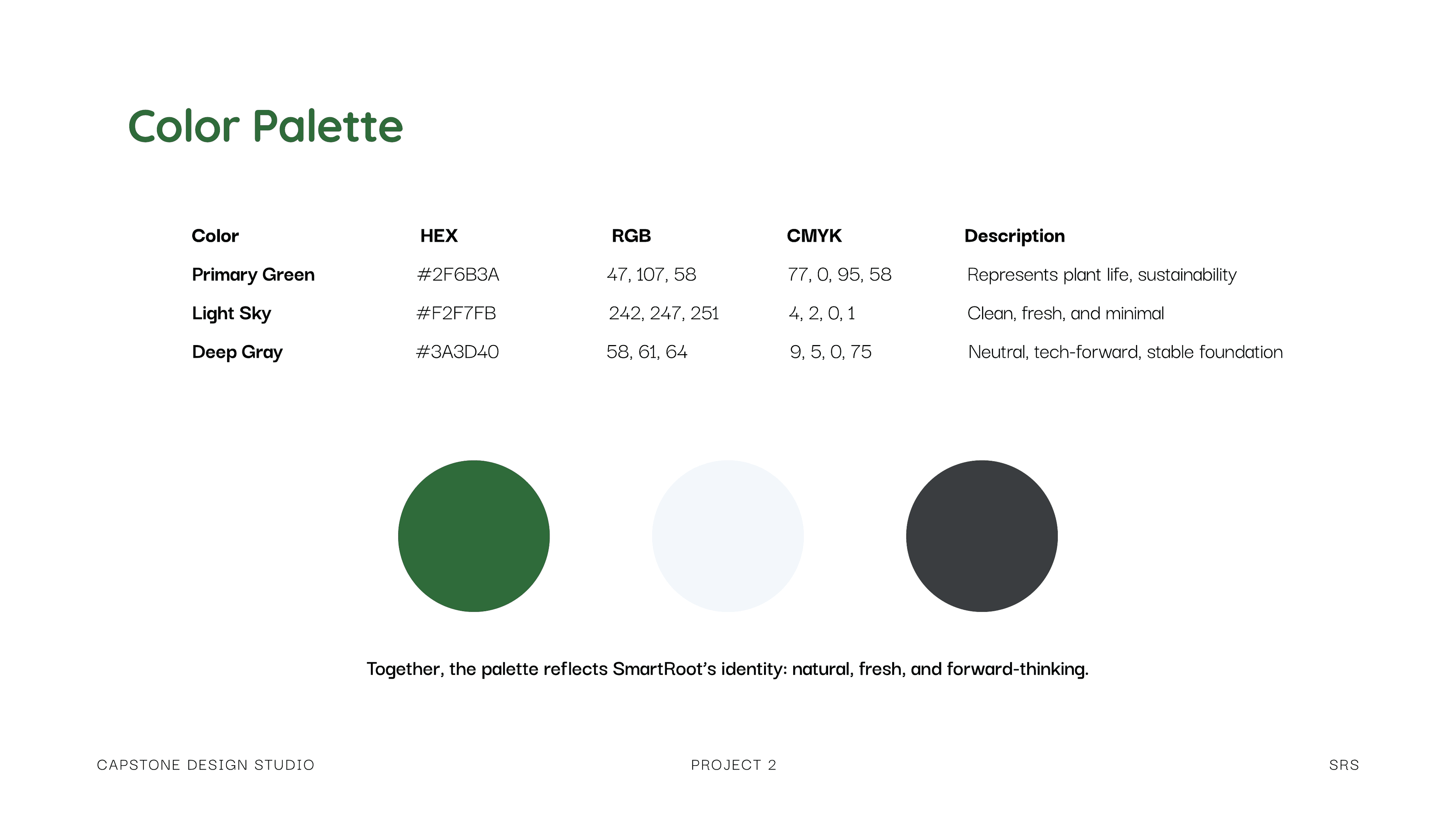 SmartRoot color palette: primary green, light sky, deep gray